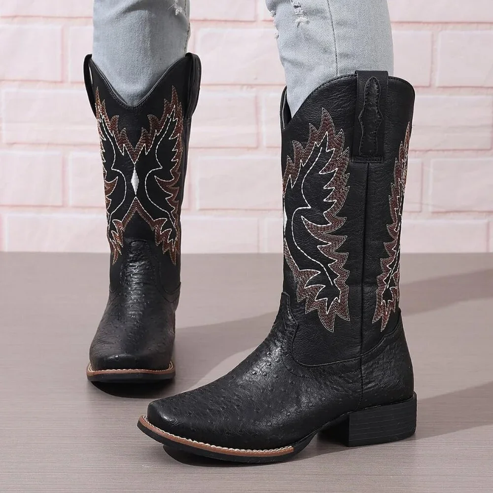 Women Black Western Cowboy Boots for Mid Calf Cowgirl Boot Snip Toe Chunky Heel